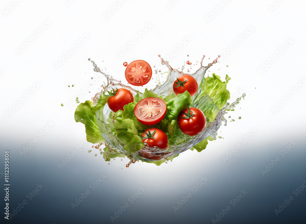 Aufkleber Fresh tomatoes and lettuce suspended in a vibrant water splash, creating a dynamic and appetizing image.