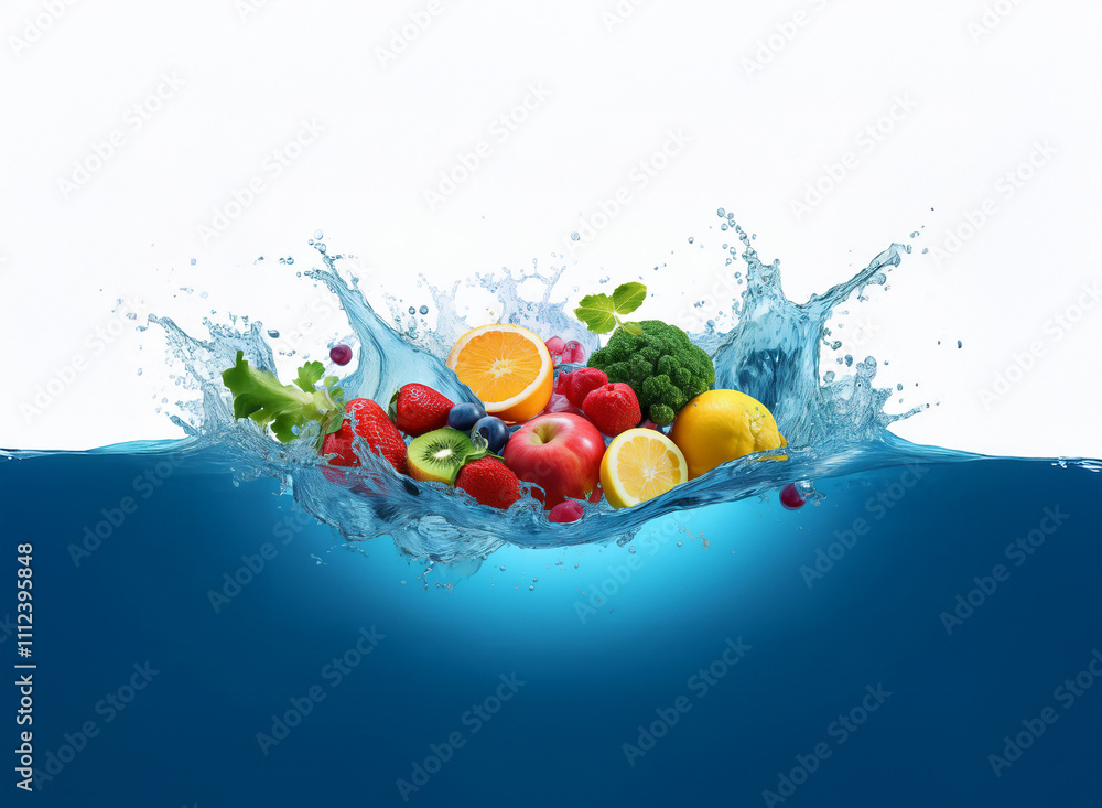 Poster vibrant fruits and vegetables splash into clear blue water, creating a refreshing and healthy image.