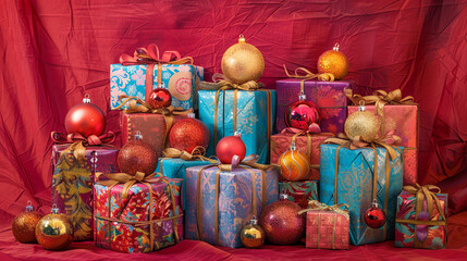 Naklejka premium christmas tree Christmas Gift Wrapping Flat Lay with Festive Red and Green Decorations Elegant Holiday Gift Wrapping and Winter Floral Decor - Flat Lay Background