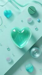 A heart made of glass is surrounded by other glass spheres. The heart is blue and the spheres are clear. Concept of fragility and delicacy, as the heart is made of glass and the spheres are small