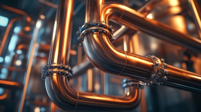 A network of shiny copper pipes interconnecting with fittings in a well-lit industrial space reflects advanced plumbing design. The intricate layout showcases modern engineering techniques