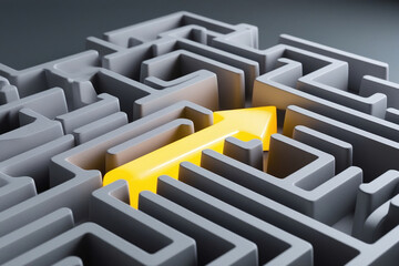 a maze with high gray walls. Inside the maze there is a bright yellow arrow that glows and indicates the direction.