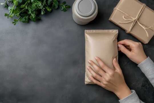 Hands carefully wrap a natural gift box, showcasing the art of gift giving, with a jar of ingredients by the side for a personal touch and aesthetic appeal.