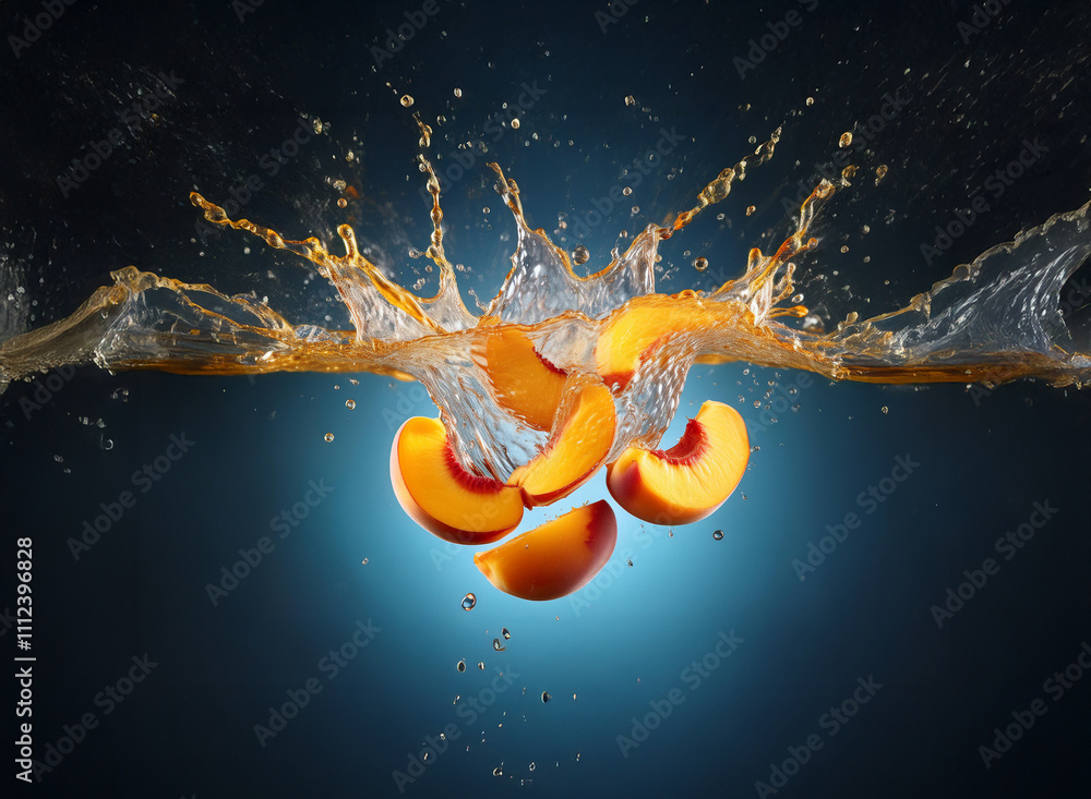 Aufkleber Juicy peach slices splash into water, creating a vibrant, dynamic scene with droplets and waves.  The background is a deep blue.