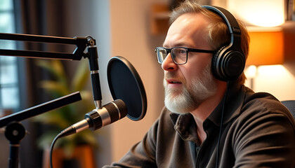 A podcast host speaking into a high-quality microphone, with headphones on and a cozy studio background.
