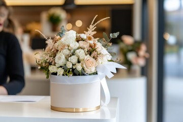 A beautifully arranged floral bouquet in a stylish presentation box, showcasing elegance and sophistication, ideal for gift-giving or décor at events with a modern touch.