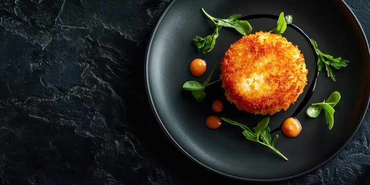 Frico crispy cheese and potato cake, plated on a dark slate background, top view, reserved space for text.
