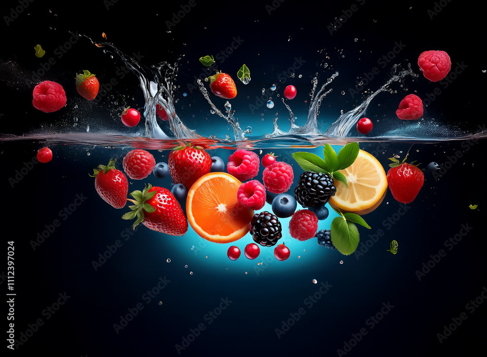 Aufkleber Vibrant berries and citrus fruit splash into cool water, creating a refreshing and dynamic scene.  The image showcases the juicy textures and bright colors of the fruit.