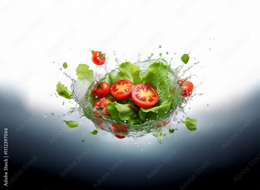Poster vibrant red cherry tomatoes and fresh green lettuce leaves suspended in a dynamic water splash, crea