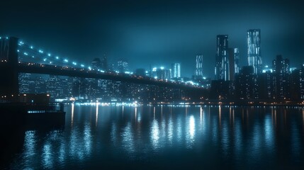 Smart city concept featuring night lights with river bridge and urban technology