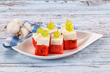 Watermelon with feta and grape