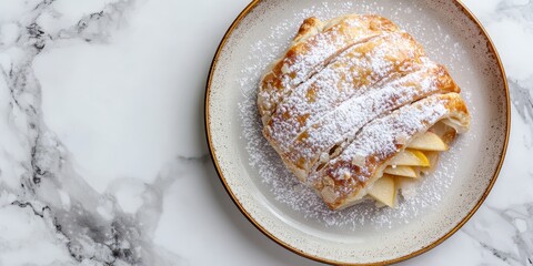 Strudel di Mele apple strudel dusted with powdered sugar, plated on a ceramic dish, marble background, top view, clean text space.