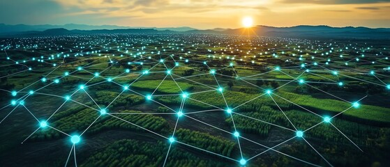 Aerial view of land plots connected by digital network lines and markers, illustrating the concept of land area analysis and modern mapping technologies