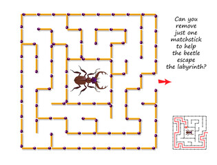 Best labyrinths. Can you remove just one matchstick to help the beetle escape the labyrinth? Find the way. Logic puzzle game. Brain teaser book with maze. Kids activity sheet. Flat vector illustration