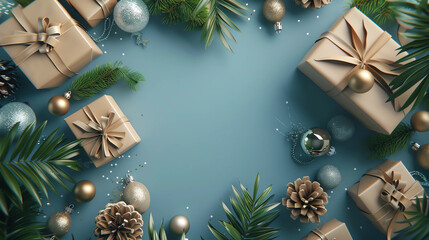 christmas tree Christmas Gift Wrapping Flat Lay with Festive Red and Green Decorations Elegant Holiday Gift Wrapping and Winter Floral Decor - Flat Lay Background