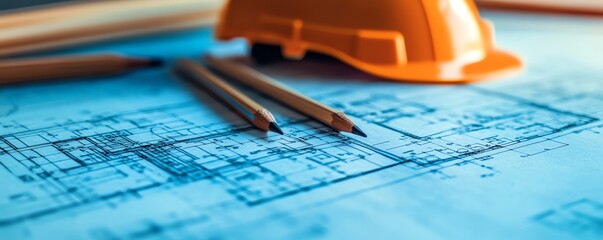 Architectural blueprint with floor plan sketches, pencils, and a hard hat placed on top, symbolizing the careful planning and management of construction projects