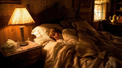 Person lying in bed with half-closed eyes, surrounded by dim light and shadows, symbolizing irregular sleep patterns and lack of restful sleep.