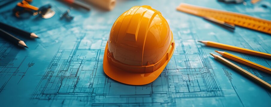 Architectural blueprint with floor plan details, surrounded by pencils and a hard hat, illustrating the organized process of project management in construction