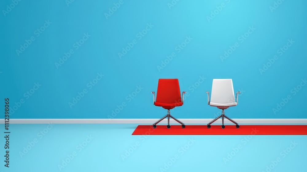 Poster a job interview room with a red carpet for one candidate and hurdles for another