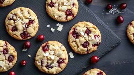 Fototapeta premium Flat lay of cranberry drop cookies arranged on a slate platter, with fresh cranberries and white chocolate shavings