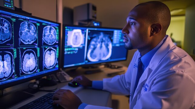 Radiologist Analyzing CT Scans on Multiple Monitors in a Modern Medical Environment