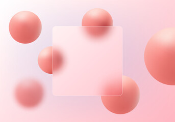 Glass morphism website landing page template. Frosted glass partition with floating spheres.