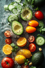Explosive flat lay of healthy vegetarian food