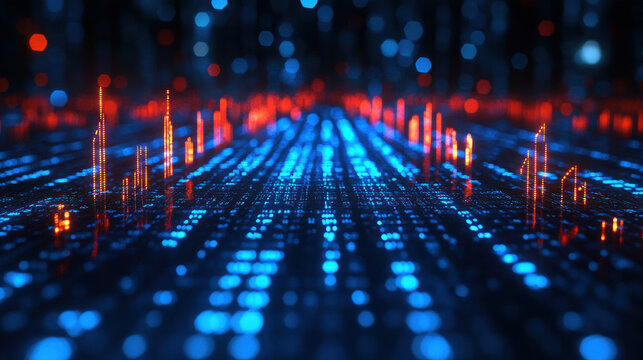 Abstract data visualization with glowing blue and red graphical elements over a dark background, representing modern technology, finance, or digital analysis