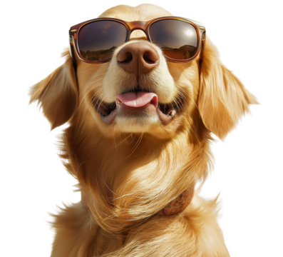 Adorable golden retriever wearing sunglasses, funny and fashionable pet portrait in a summer studio setting, showcasing a happy canine enjoying tropical vacation vibes isolated
