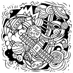 Space cartoon vector illustration. Funny detailed composition with a lot of Cosmos objects and symbols