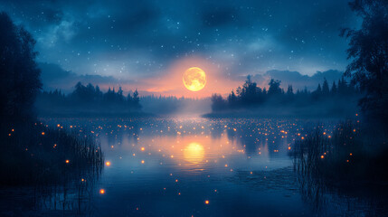 Fototapeta premium A luminous moon reflected in a tranquil lake surr_0294