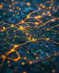 Highaltitude image of land plots with glowing digital markers and network lines, visualizing the concept of land area mapping and modern spatial technologies