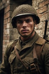 Fototapeta premium Handsome muscular soldier in vintage military attire