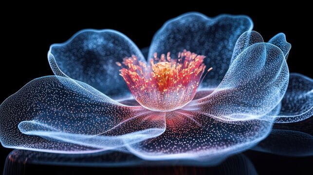 A digital art rendering of a flower with translucent petals and a glowing center.