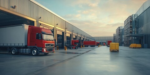 Naklejka premium Logistics Hub at Sunset: Efficient Trucking and Warehouse Operations