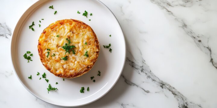 Tortino di Patate potato cake plated on a clean white plate, smooth marble background, top view, reserved space for text.