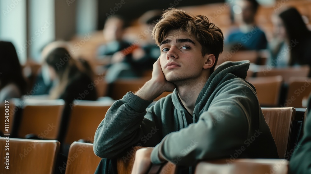 Poster student in lecture hall deep in thought while sitting among classmates in university setting