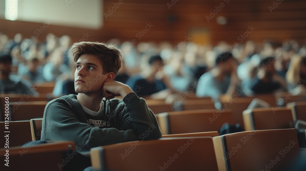 Poster thoughtful student attending lecture in large university hall with engaged audience