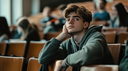 Fototapeta premium Student in Lecture Hall Deep in Thought While Sitting Among Classmates in University Setting