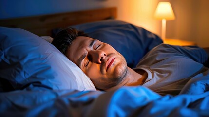 Fototapeta premium Person lying in bed with half-closed eyes, surrounded by dim light and shadows, symbolizing irregular sleep patterns and lack of restful sleep.