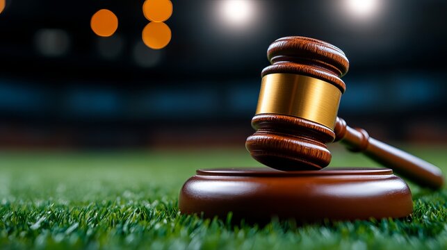 A wooden gavel rests on a round base, symbolizing justice, on a green sports field under soft bokeh lighting, evoking a sense of authority and fairness.