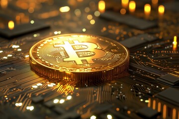 Golden Bitcoin Coin Illuminated on Circuit Board