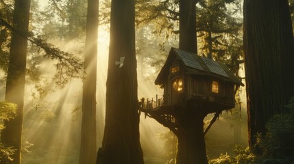 Enchanted Treehouse Nestled Amidst Majestic Redwoods Bathed in Soft Morning Light with Rays Streaming Through Lush Greenery in a Magical Forest Setting
