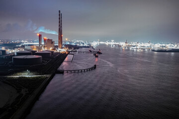 Aerial photograph of Poolbeg Harbour and Poolbeg Power Station at night