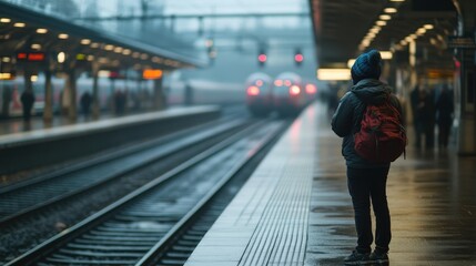 Fototapeta premium Person Standing in Train Station with Arms Crossed, Preparing to Board a Train during a Foggy Day