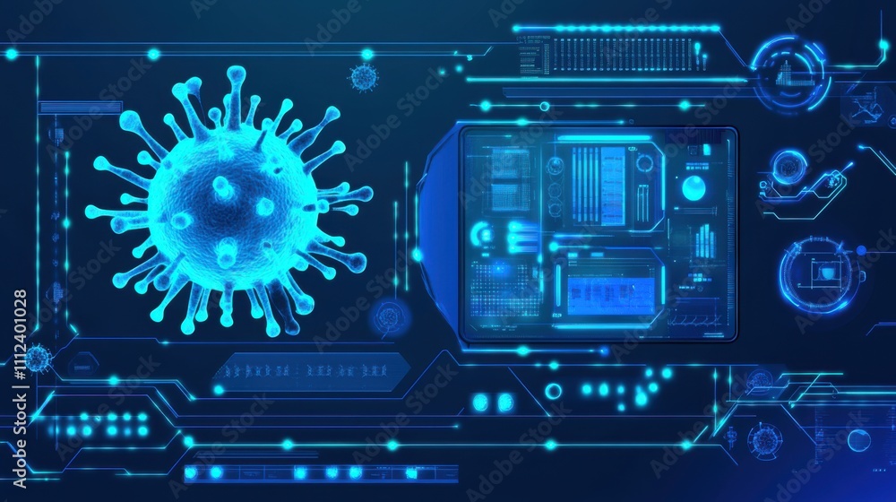 Aufkleber futuristic scientific visualization of a virus with data interface in a digital environment, emphasi