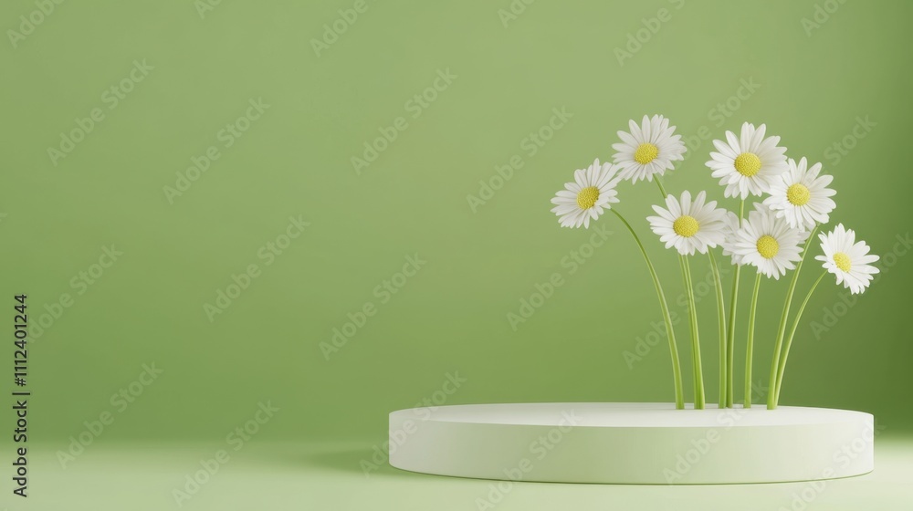 Poster a simple arrangement of daisies in a minimalist setting with a soft green background, conveying fres