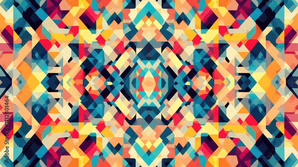 Aufkleber a symmetrical pixel art design featuring geometric shapes in a vibrant mix of colors, creating a bal