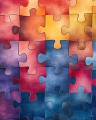 Abstract design of interlocking puzzle pieces with a watercolor texture
