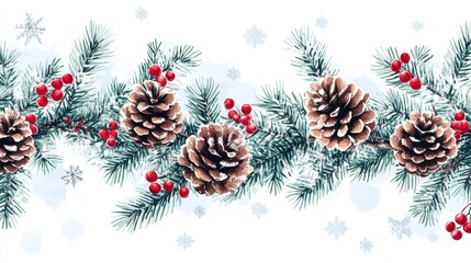 Decorative forest border with fir twigs, pine cones, and red berries, a vintage Christmas greeting on a snowy white background, retro vector art